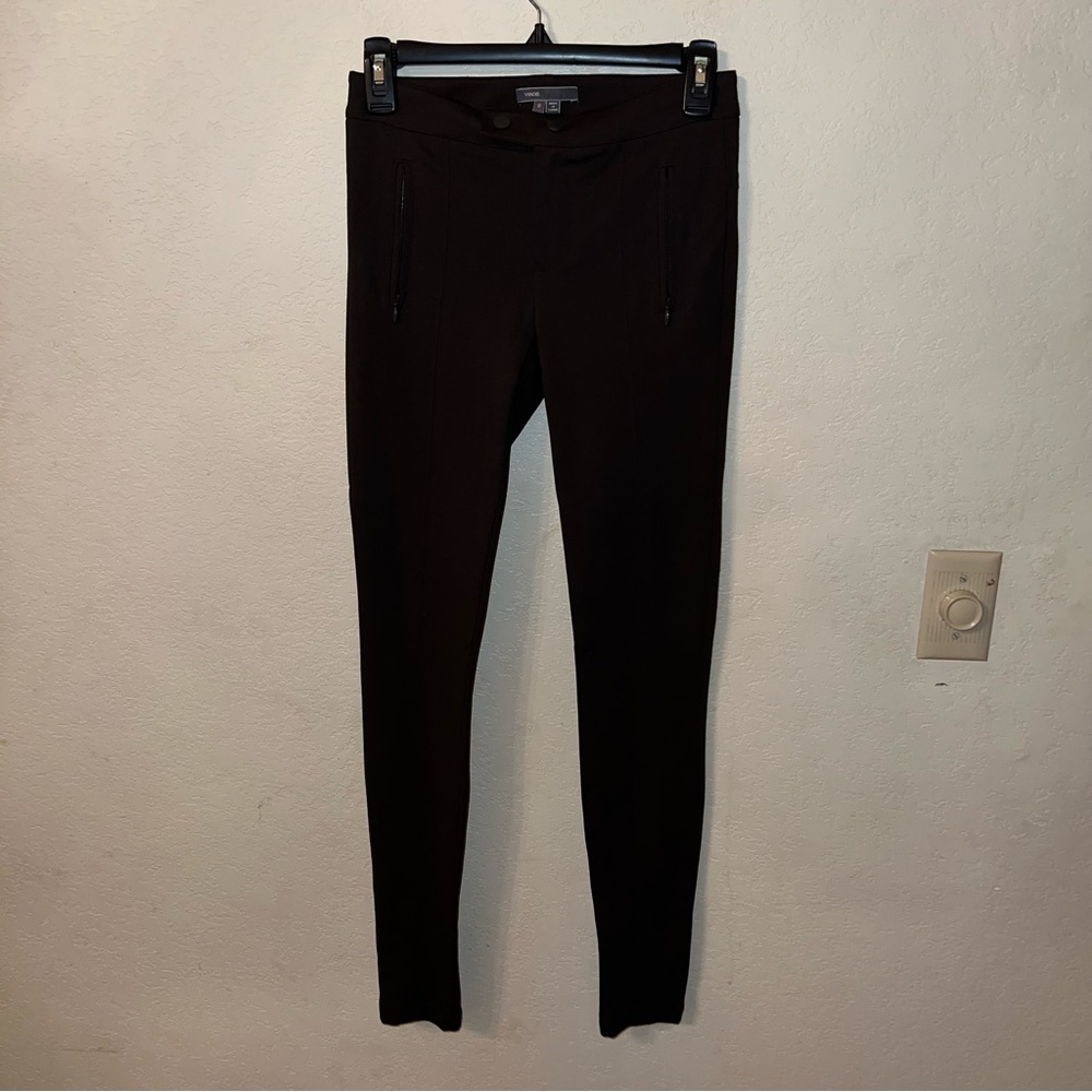 Vince Dark Brown Skinny Stretch Ponte Pants with Zipper Pockets Trousers